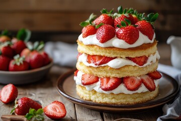 Strawberry shortcake on rustic wood table