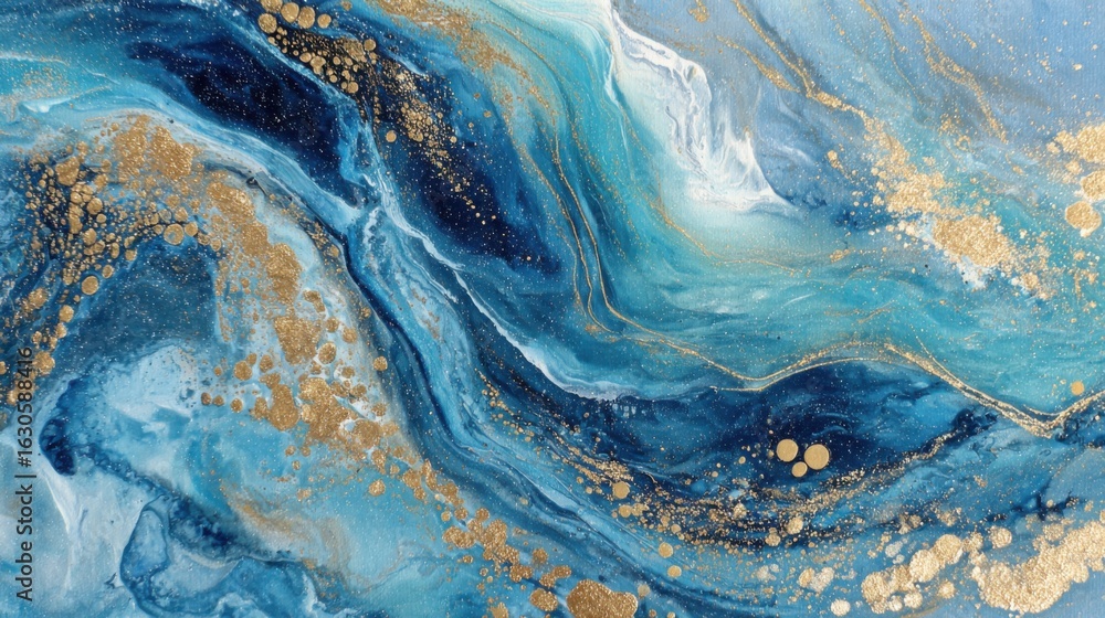 Poster swirls of deep blue and turquoise dominate this artwork, interspersed with golden speckles that add 