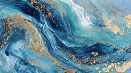 Swirls of deep blue and turquoise dominate this artwork, interspersed with golden speckles that add a touch of elegance to the flowing patterns. The design evokes a sense of calm and movement.