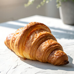 Close-up of a fresh croissant standing upright on a white background with soft shadow