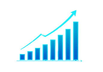 A blue bar graph showing upward growth, accompanied by a curved arrow indicating positive progress.