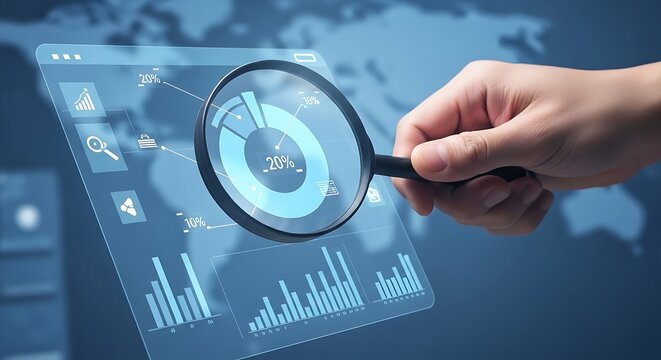 Hand holding magnifying glass over digital screen with data charts and world map, representing business analysis, research, and global market trends - Powered by Adobe