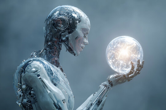 A robot is holding a glowing ball in its hand