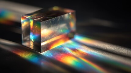 A clear prism rests on a dark surface, casting vibrant rainbow reflections. Afternoon sunlight penetrates the glass, dispersing colors across the surface and creating stunning visual effects.