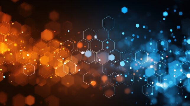 Dynamic hexagonal shapes in vibrant blue and orange illuminate the background, creating a captivating visual experience at a digital art exhibition showcasing modern design.