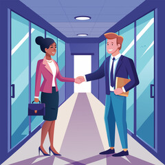 Obraz premium Two successful business people in suits shake hands at a meeting in the office