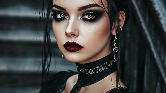 Close-up portrait of an attractive brunette with dramatic dark eye makeup, burgundy lipstick and dark lace choker, wet looking hair.