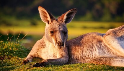 a kangaroo laying over grass close up