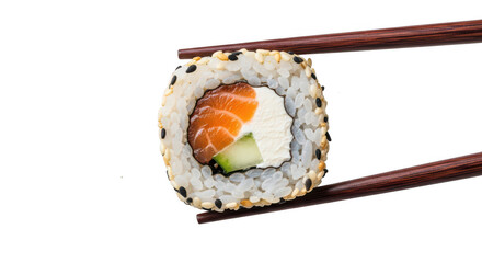 Salmon cream cheese sushi roll held by chopsticks isolated on transparent background