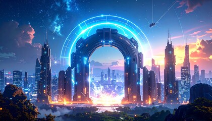 Obraz premium Futuristic city gateway at dawn