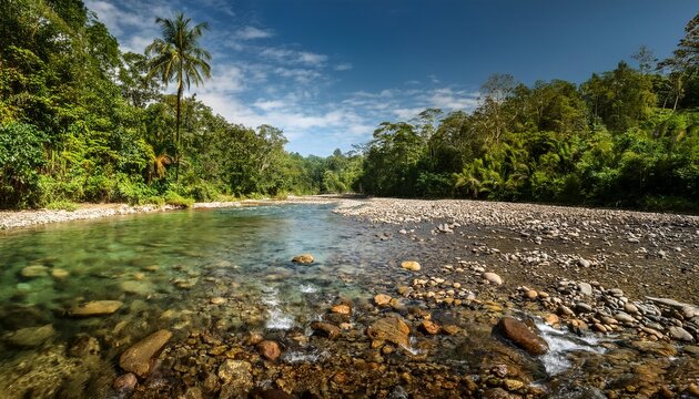 a shallow river with clear water and scattered pebbles winds through the lush tropical rainforest of salat rabia west papua n a peaceful retreat in untouched nature