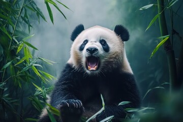 Surprised giant panda in misty bamboo forest