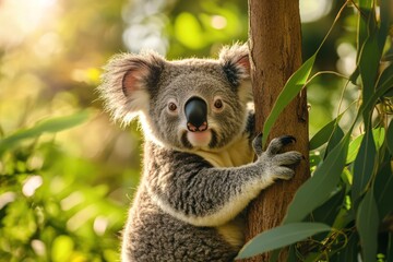 Obraz premium Fluffy koala clinging to eucalyptus tree