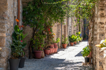 Mesta medieval village. Chios Island, Greece. Narrow cobblestone alley, traditional architecture...