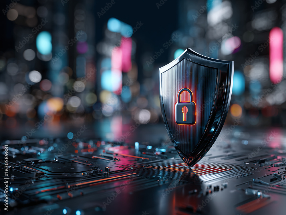 Poster digital shield with a padlock icon on a circuit board, symbolizing cybersecurity