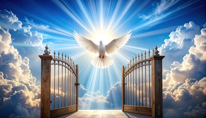 Dove flies through open heavens gate
