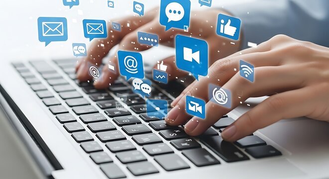 Hands typing on a laptop surrounded by social media icons, representing online communication, digital networking, and social engagement