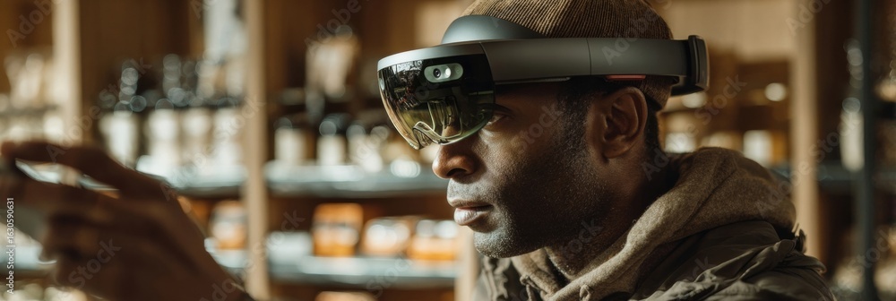 Aufkleber man using augmented reality headset in a modern store focused on innovative technology and immersive