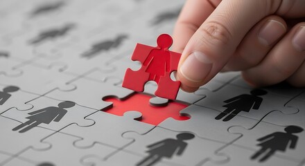 Hand placing a red puzzle piece with a human figure into a jigsaw puzzle with gray human figures, representing human resources, talent, and diversity
