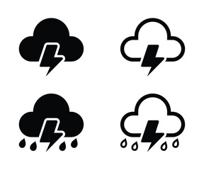 Thunderstorm Icons: Bold Black and Outline Cloud, Lightning, Rain Symbols, Weather Elements Vector.