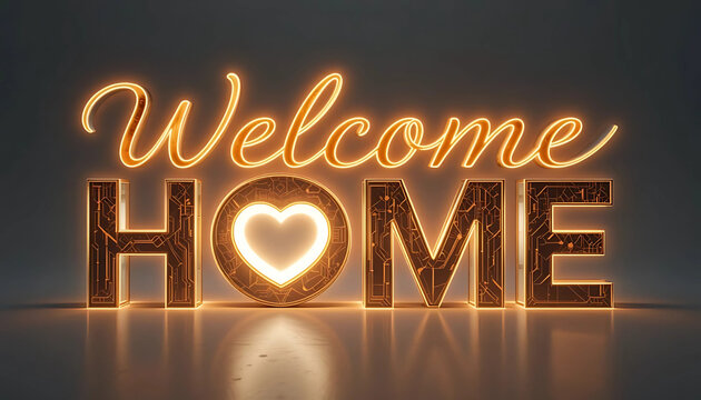A beautifully glowing and elegant "WELCOME HOME" sign with a heart symbol in place of the 'o' made from warm light, standing on a reflective surface, ideal for family, home, real estate, and love conc