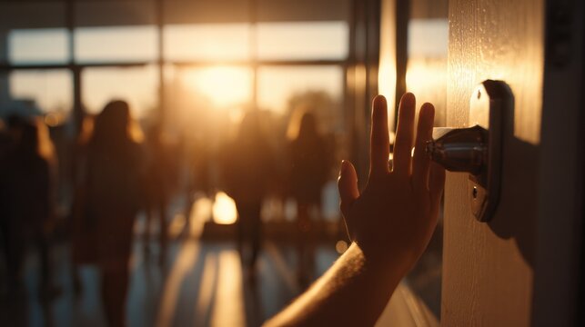Medium shot highlighting a hand reaching for a classroom door handle in a corridor glowing with sunset tones while the fading silhouettes of children and windows blur softly - Powered by Adobe
