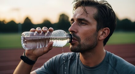Man drinking water from a plastic bottle after exercising on a track at sunset, wearing a gray shirt