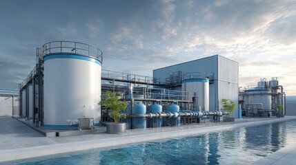 Obraz premium Industrial water treatment plant rooftop, sunset, clean energy