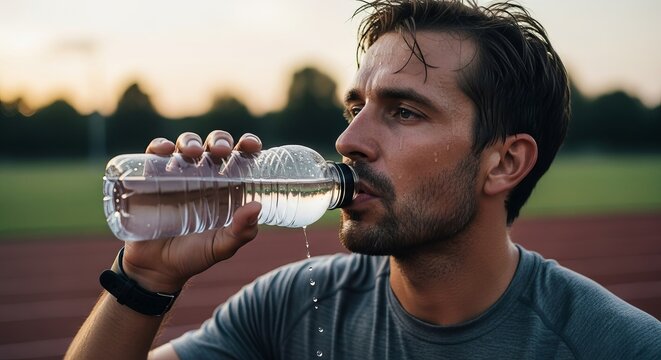 Man drinking water from a plastic bottle after exercising on a track at sunset, wearing a gray shirt