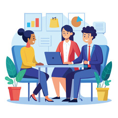 A cartoon vector illustration shows a diverse team of business people working together at a meeting table in an office