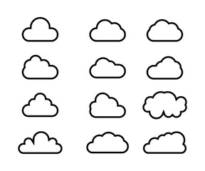 Twelve Simple Line Art Cloud Icons: Weather, Technology, and Design Elements.