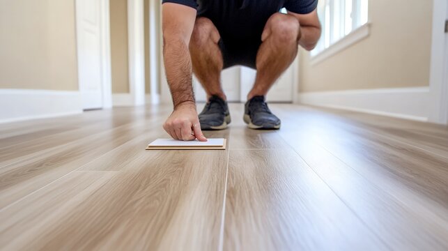 A man crouches to inspect a sample of wooden flooring in a well lit hallway, emphasizing precision and craftsmanship - Powered by Adobe