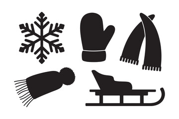 Winter accessories and snowflake silhouette icons