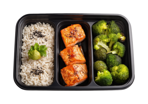 Healthy meal prep salmon rice and broccoli in a lunch box kitchen isolated on transparent background, png