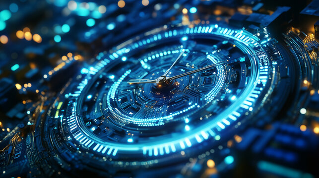 Futuristic glowing clock with circuit board design