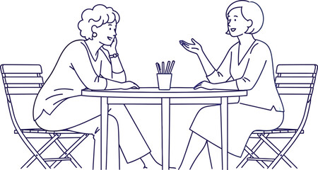 Two women sitting at a table having a conversation in line drawing style