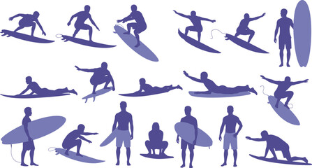 Collection of surfer silhouettes in various poses on surfboards