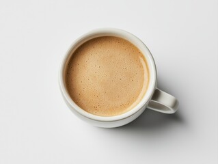 Obraz premium A close-up view of a steaming cup of coffee, showcasing its rich brown foam and smooth texture against a minimalistic background.