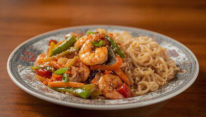 Asian stir-fry with shrimp, colorful vegetables, and noodles