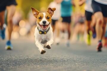 Happy small dog runs alongside city marathon runners