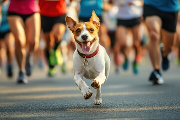 Happy small dog runs alongside city marathon runners