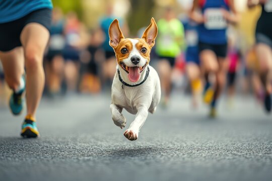 Happy small dog runs alongside city marathon runners