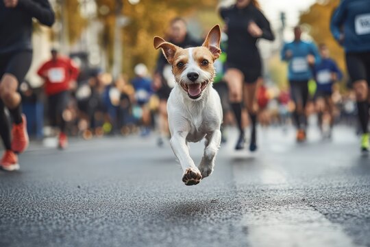 Happy small dog runs alongside city marathon runners