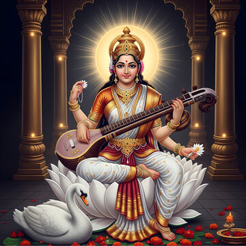 "Goddess Saraswati Sitting on Lotus with Veena and Swan - Divine Hindu Deity Illustration"