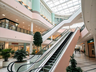 Fototapeta premium Contemporary Shopping Mall With Escalators And Shops On Multiple Levels interior architecture