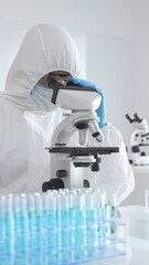 Medical scientist wearing protective suit using microscope while analyzing samples, conducting...