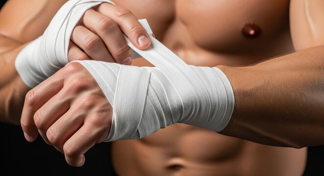 A muscular man wrapping his hands with white bandage preparing for a boxing or fighting match close up - Powered by Adobe
