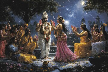 A vibrant scene of Shiv and Parvati surrounded by celestial beings, celebrating their divine love