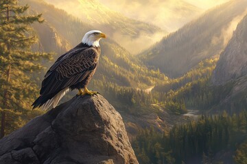 Fototapeta premium Bald eagle perched on cliff overlooking valley