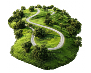 Winding road through lush green hillside scene surrounded by trees and natural beauty transparent background